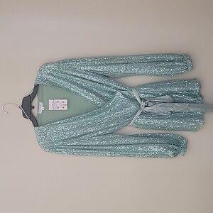 Sequin Mini Wrap Dress Balloon Sleeve Size Large